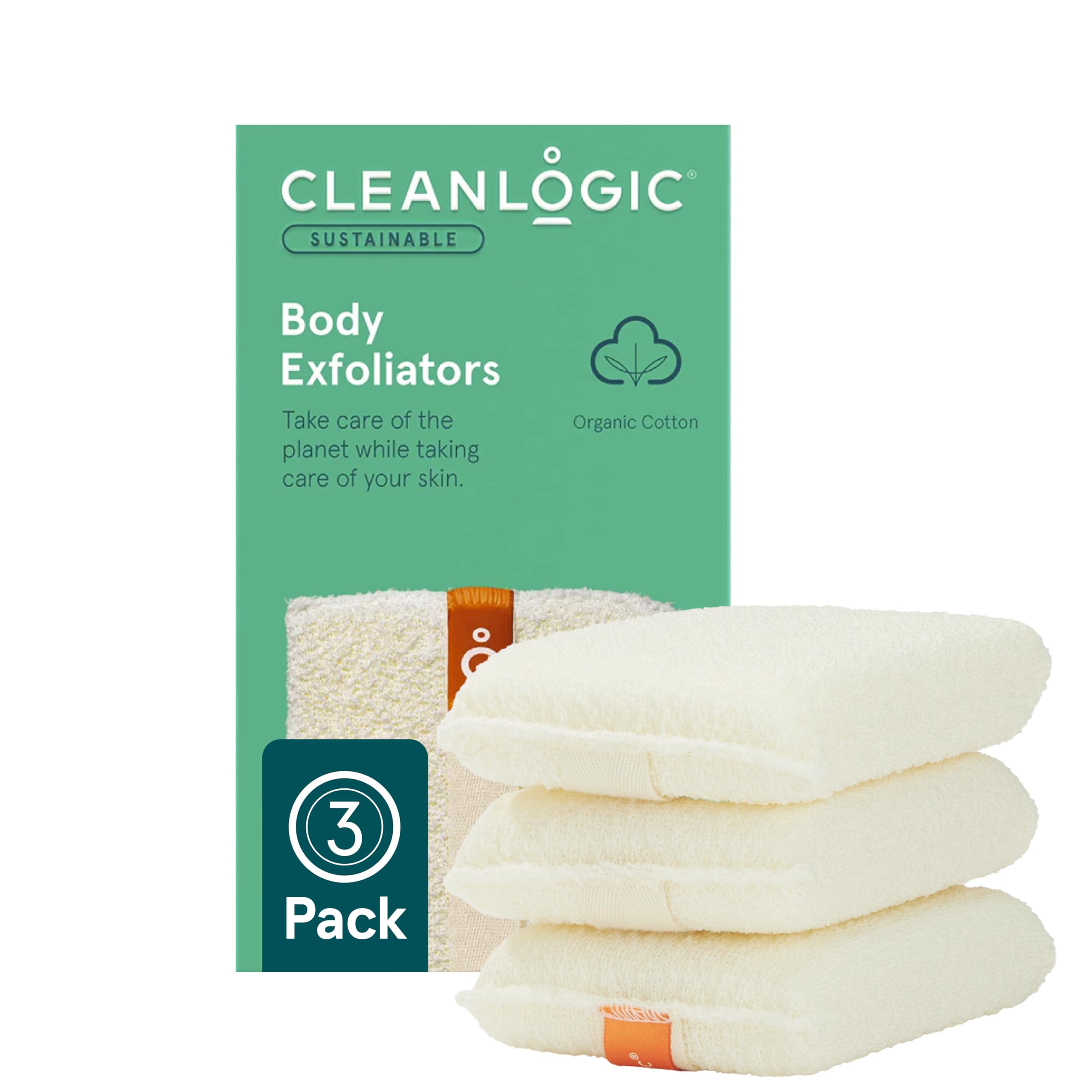 Cleanlogic Organic Cotton Exfoliating Scrubber pack—daily skin refinement demonstration.