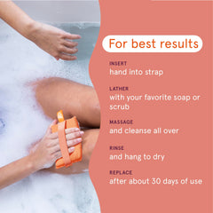 Cleanlogic exfoliating scrubber shown for circular massage use and skin smoothing.