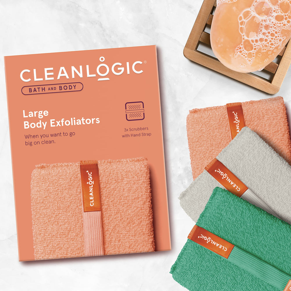 Cleanlogic scrubber hands-holding demonstrates easy grip for comfortable shower exfoliation
