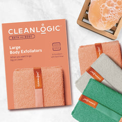 Cleanlogic scrubber hands-holding demonstrates easy grip for comfortable shower exfoliation