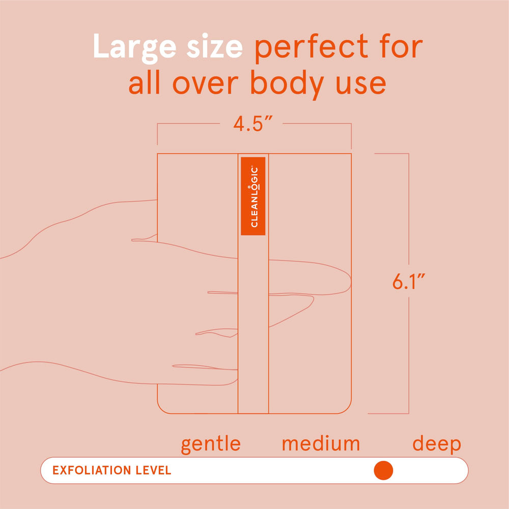 Cleanlogic scrubber in shower use shows circular massage for cleansing
