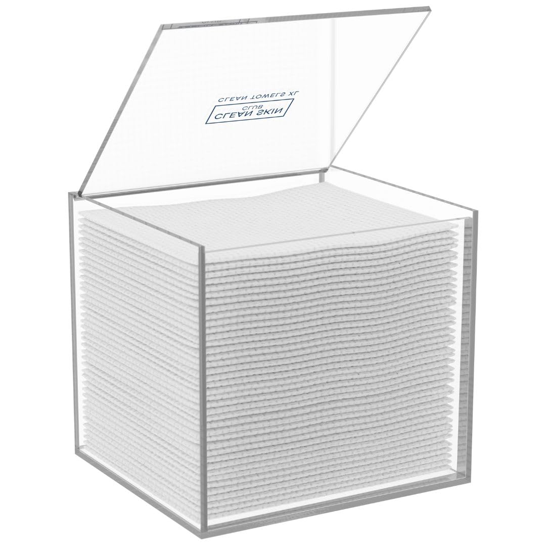 CLEAN SKIN CLUB clear acrylic box front view, creating a tidy towel storage solution on your bathroom counter.