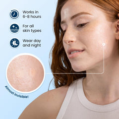 CLEAN SKIN CLUB DermaDot patch on skin demonstrates daytime discreet use.