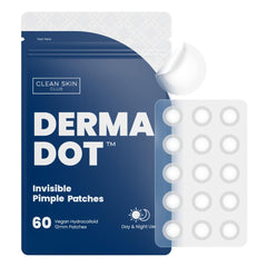 CLEAN SKIN CLUB DermaDot patches packaging highlights vegan hydrocolloid for blemish care.