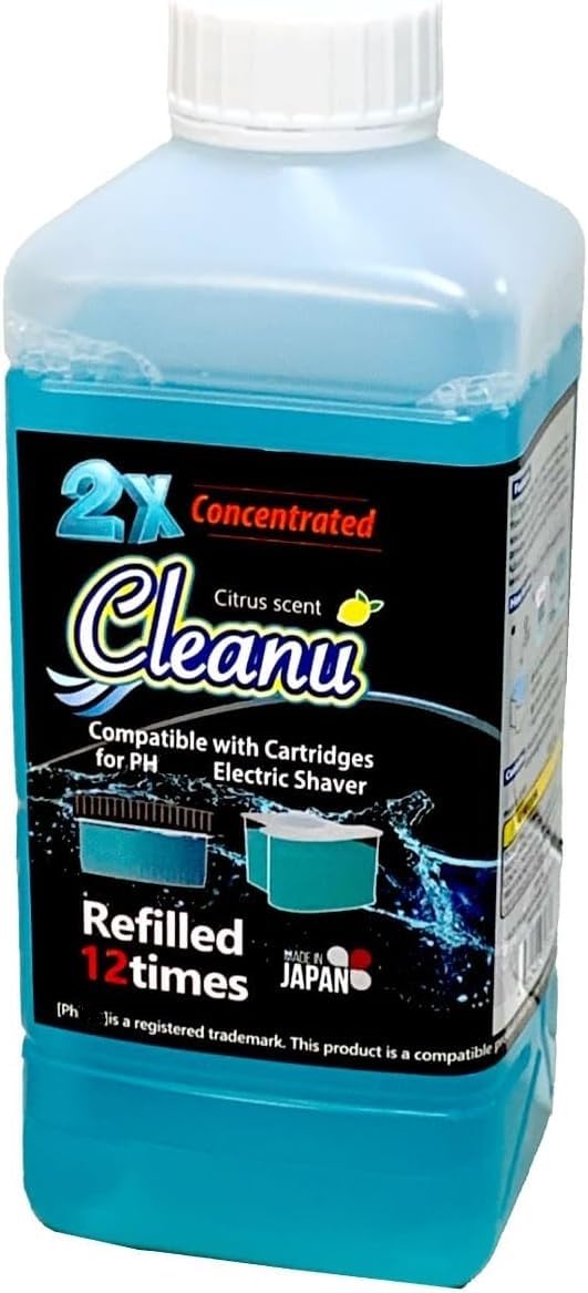 Cleanu 1L refill bottle pouring into cartridge demonstrates convenient 50/50 cleaning mix.