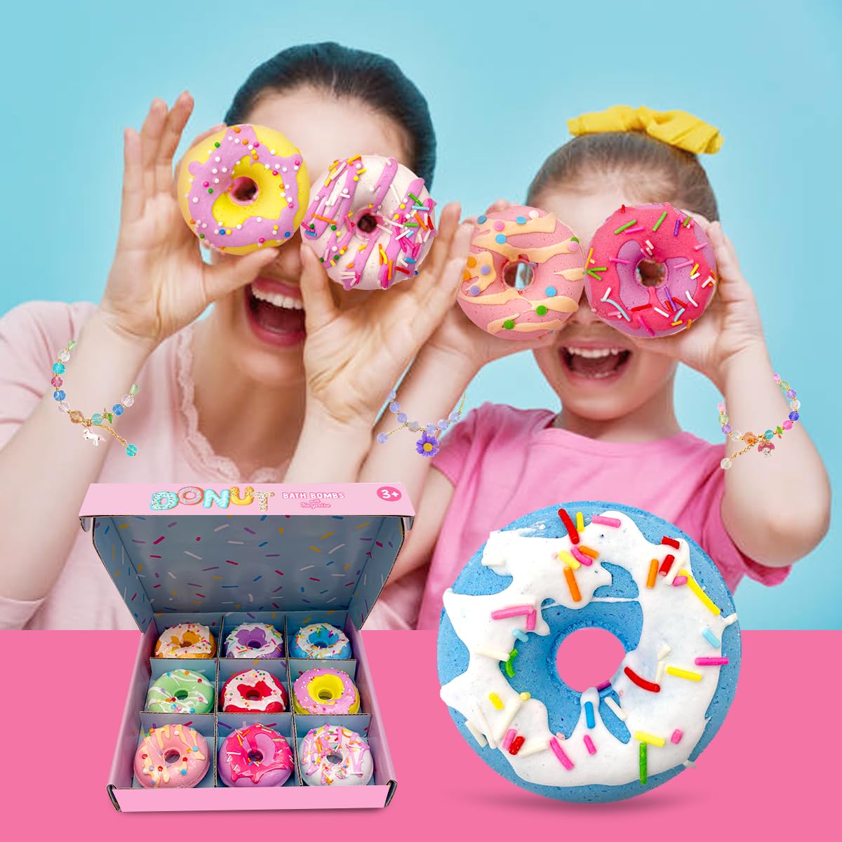 Clear and Fresh donut bath bombs with surprise bracelet inside sparks kid excitement.
