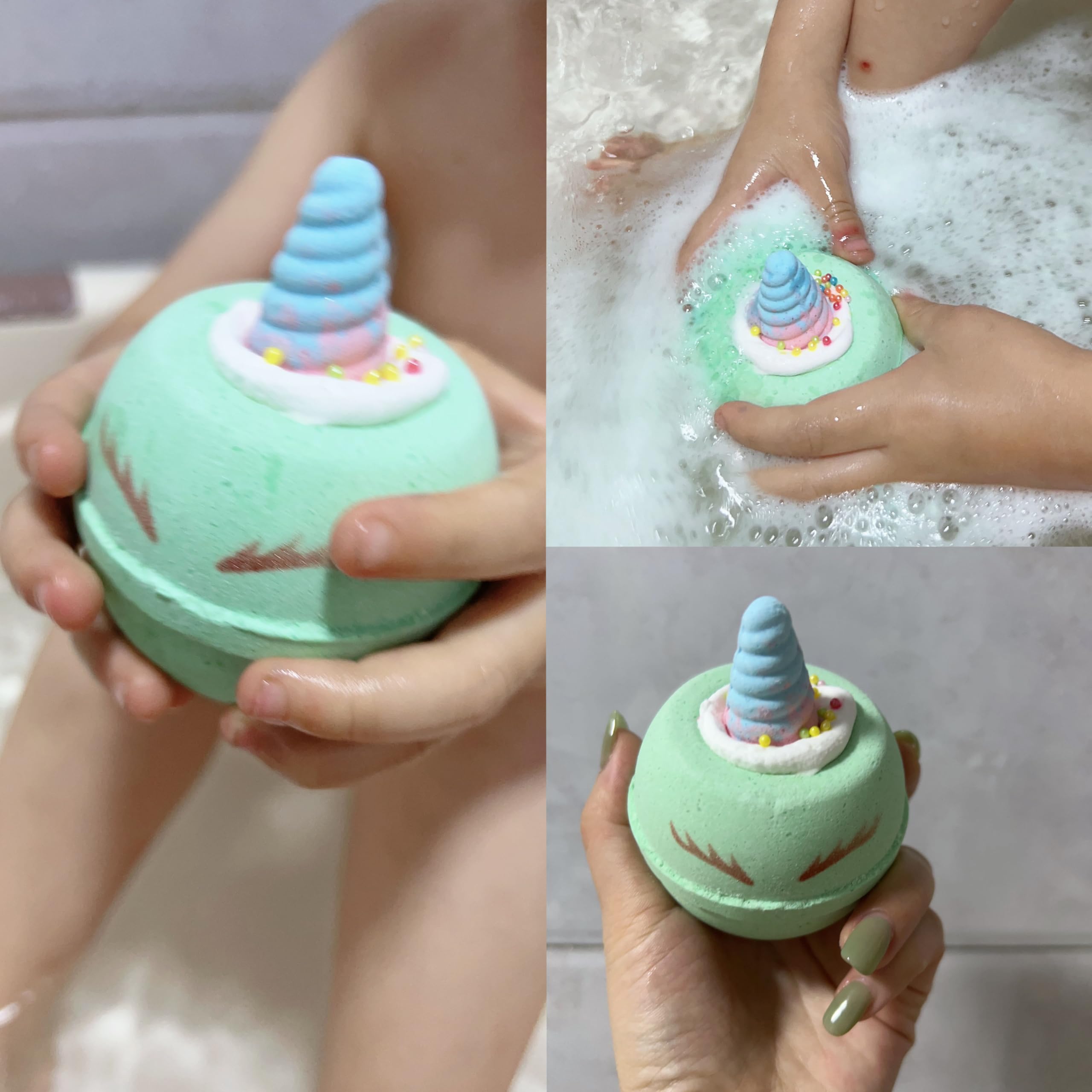 Clear and Fresh unicorn bath bombs with squishy toy inside showing surprise