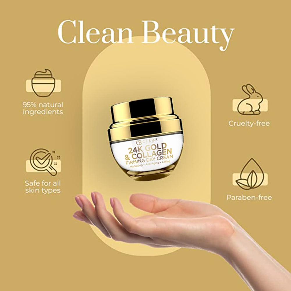 Clear Beauty 24K Gold & Collagen Day Moisturizer derm-tested label signals safety