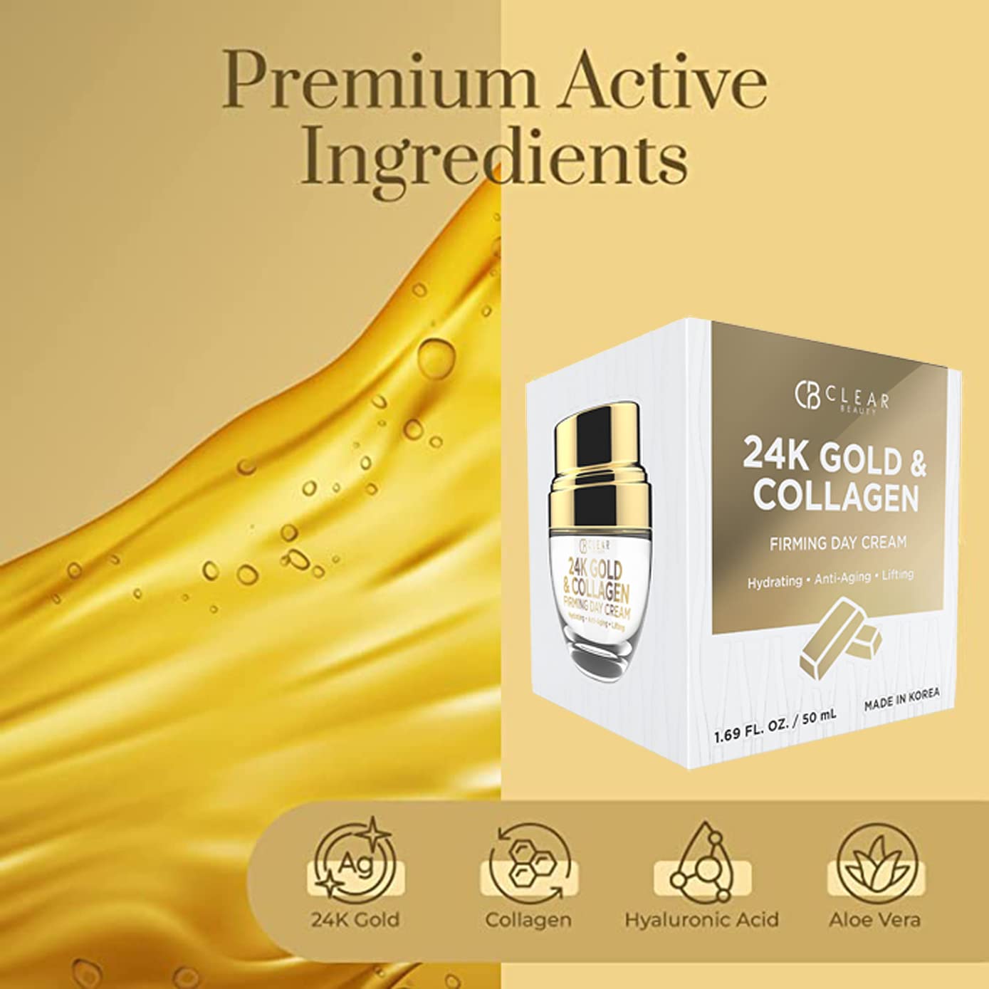 Clear Beauty 24K Gold & Collagen Day Moisturizer texture close-up shows lightweight, non-greasy feel