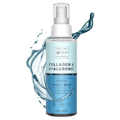 Clear Beauty Hyaluronic Acid & Collagen Face Mist bottle closeup highlighting hydrating formula.