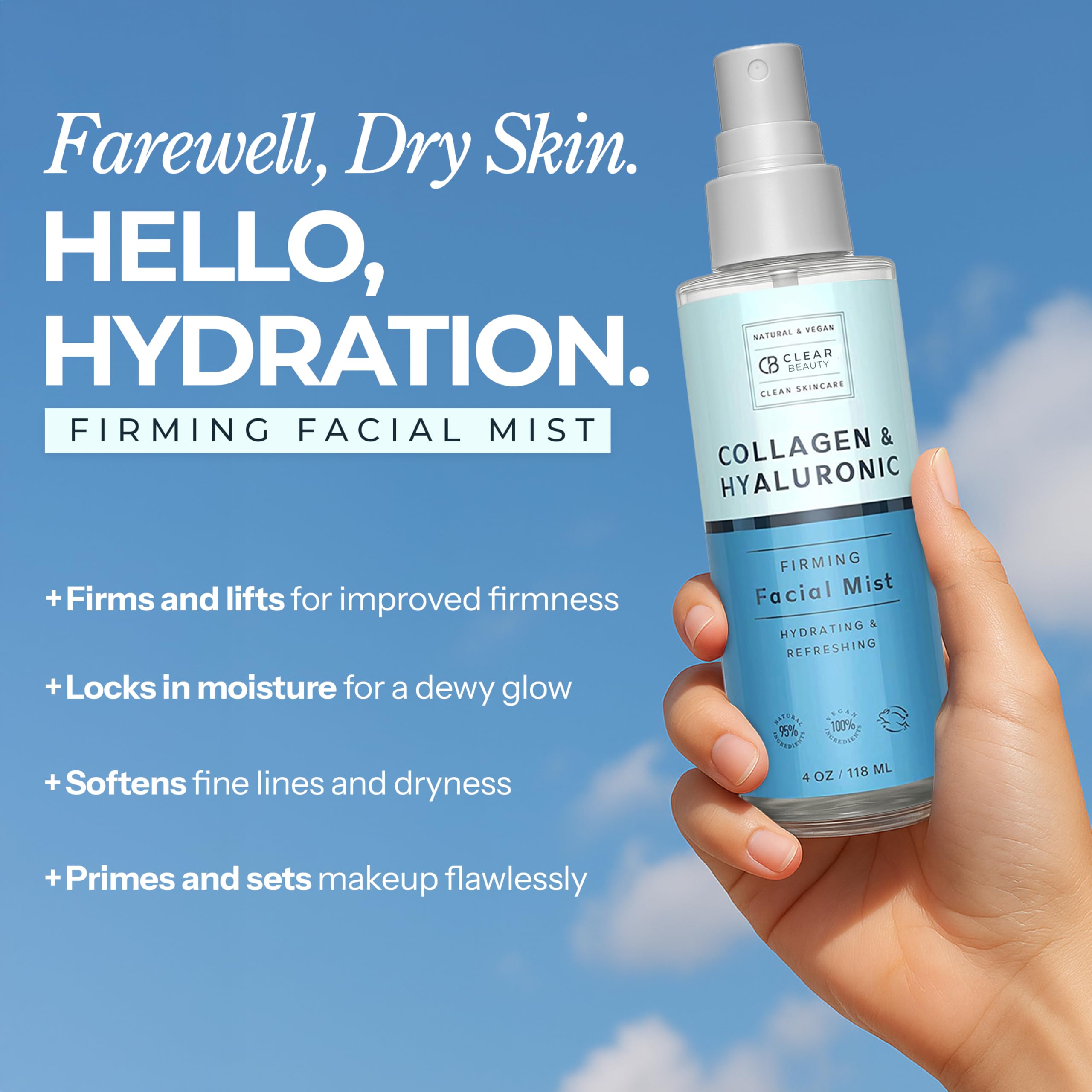 Clear Beauty Hyaluronic Acid & Collagen Face Mist on face showing glow and hydration.