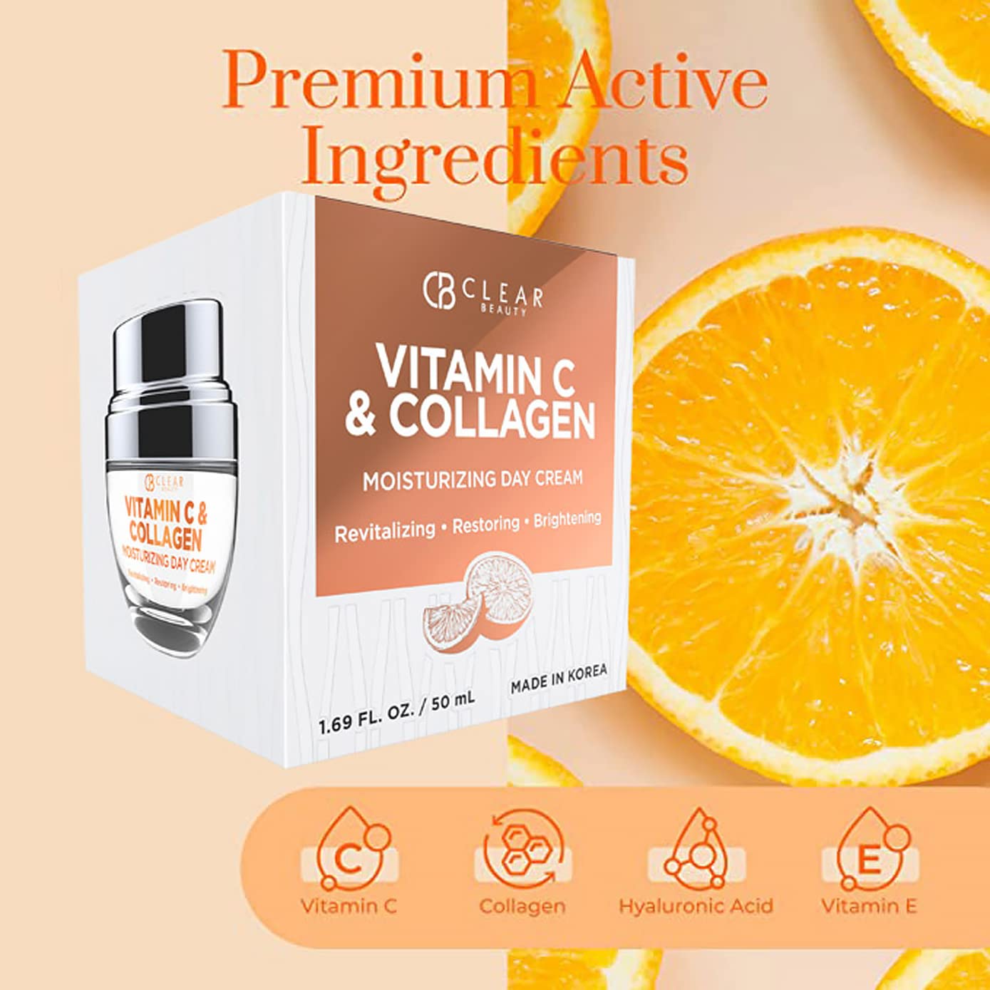 Clear Beauty Vitamin C & Collagen moisturizer texture being dispensed emphasizes fast-absorbing, non-greasy feel.