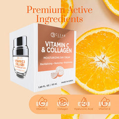 Clear Beauty Vitamin C & Collagen moisturizer texture being dispensed emphasizes fast-absorbing, non-greasy feel.