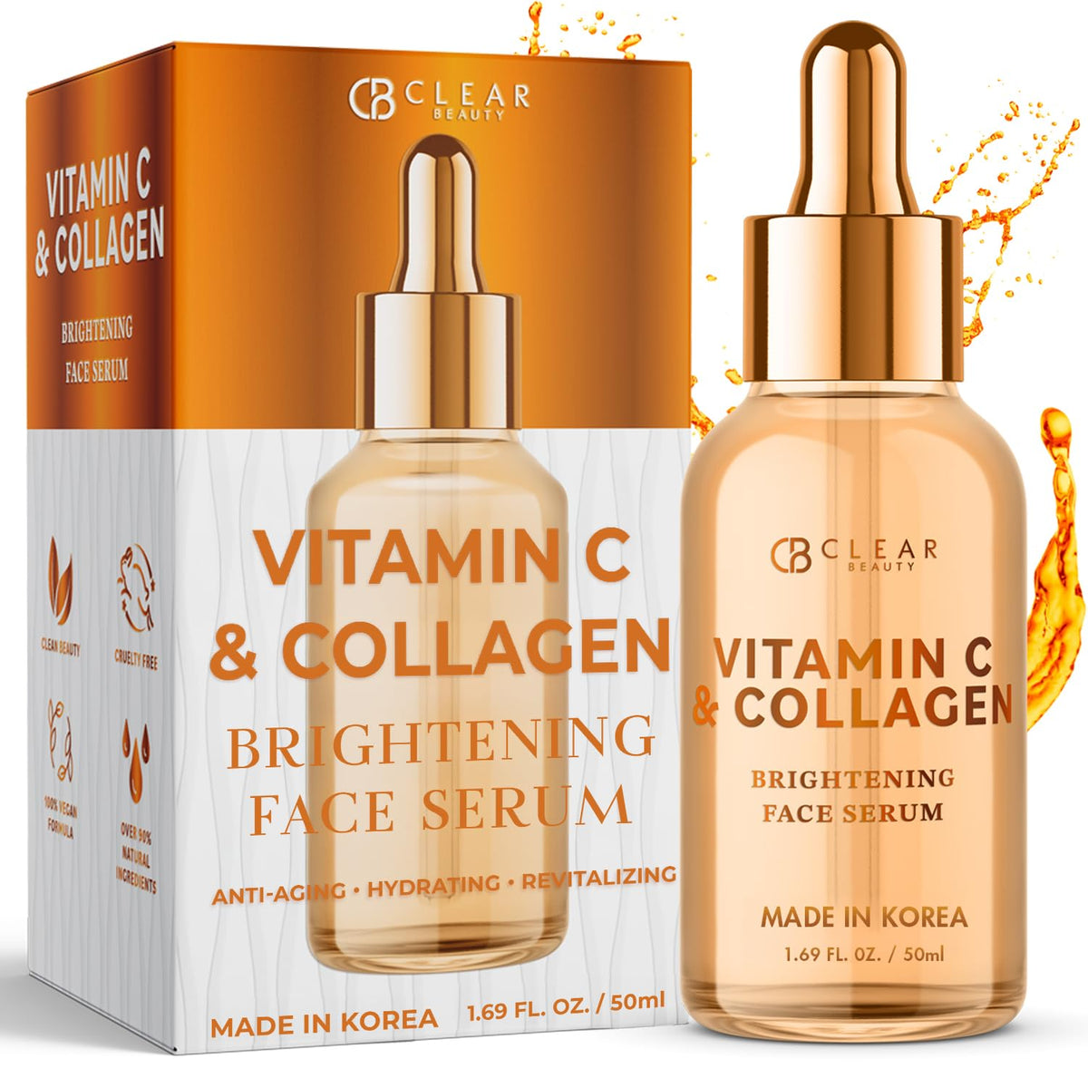 Clear Beauty Vitamin C & Collagen Serum bottle shown for daily hydration and radiance.