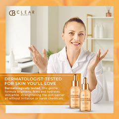 Close-up of Clear Beauty Vitamin C & Collagen Serum dropper dispensing product for quick absorption.