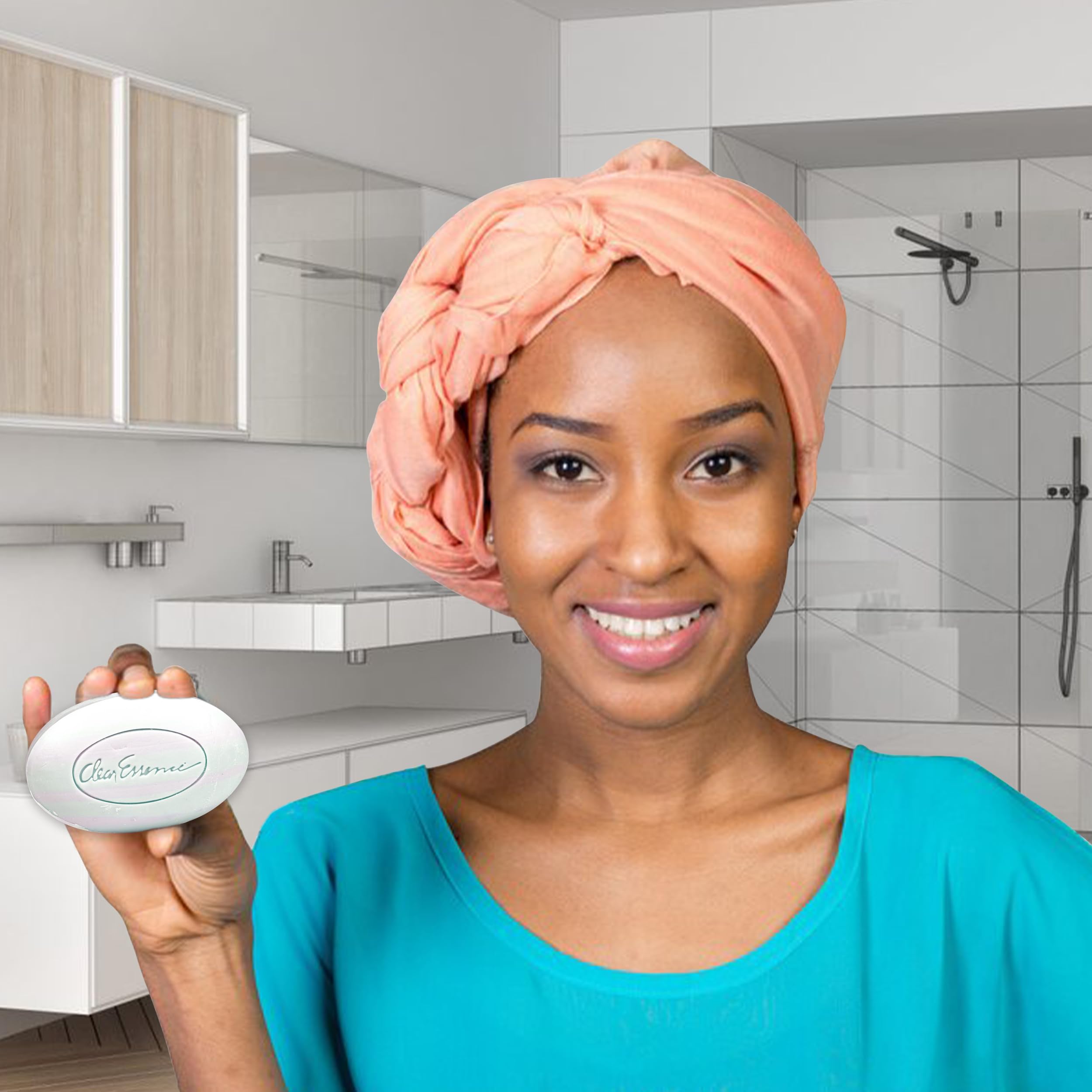 Clear Essence bathroom routine scene shows easy daily skincare step.