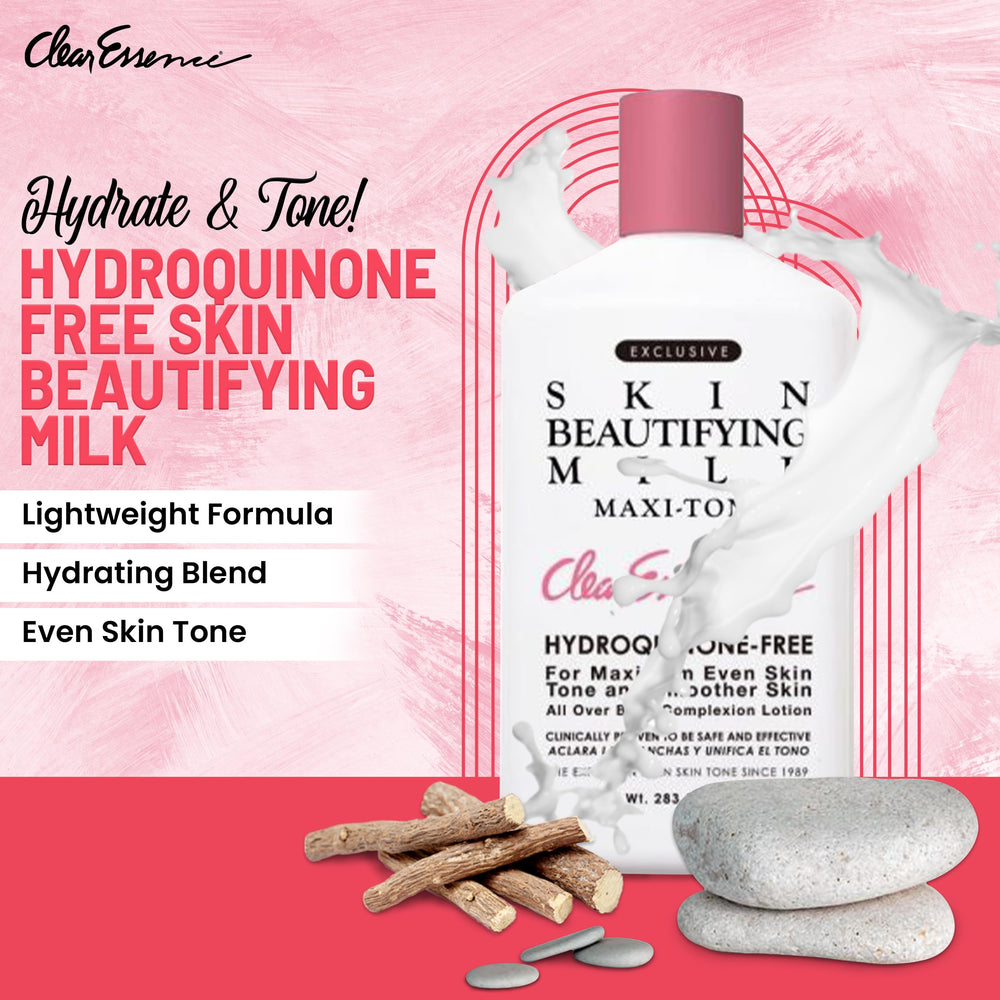 Product label on Clear Essence Milk bottle highlights hydroquinone-free, gentle hydration