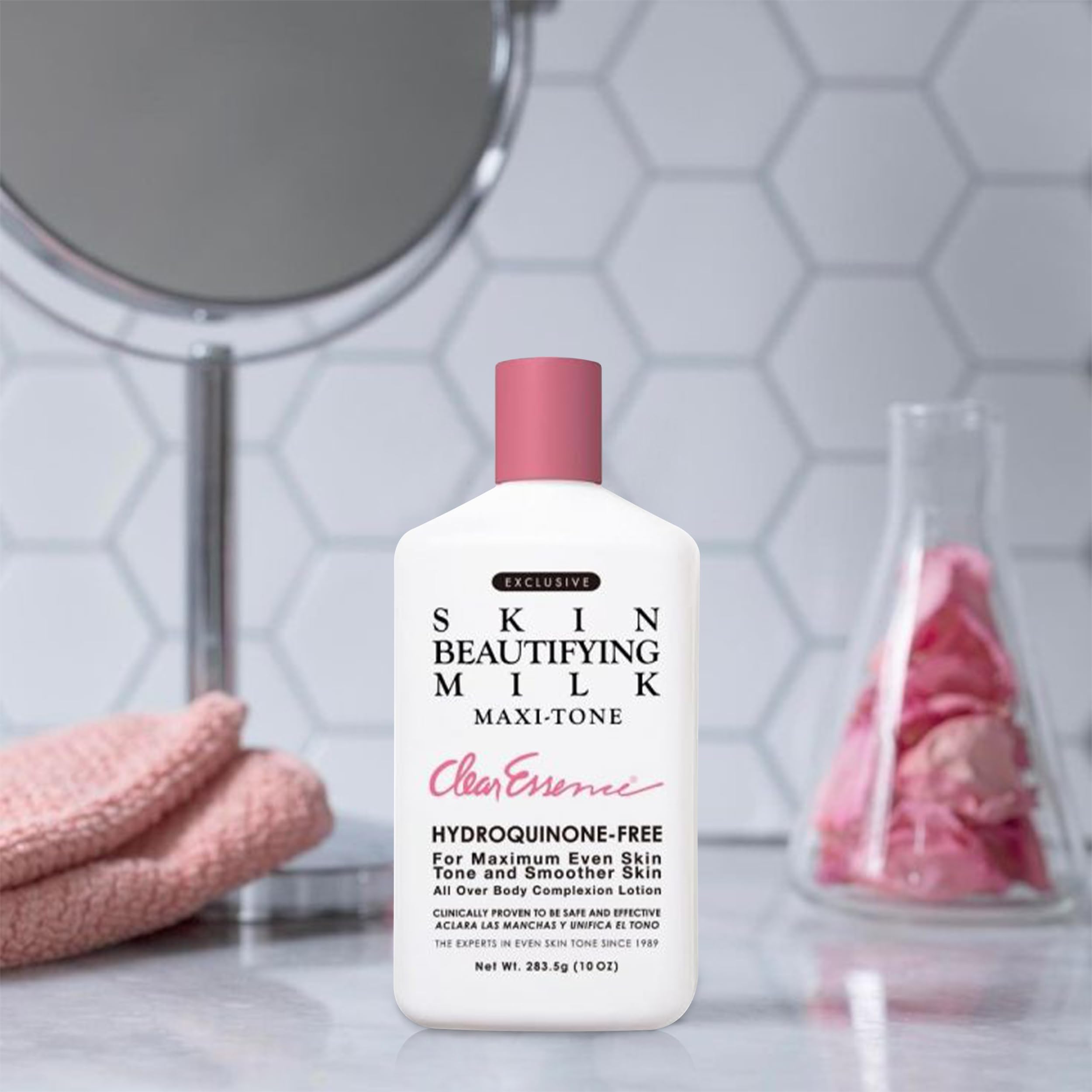 Packaging of Clear Essence Milk shows hydroquinone-free, moisturizing formula