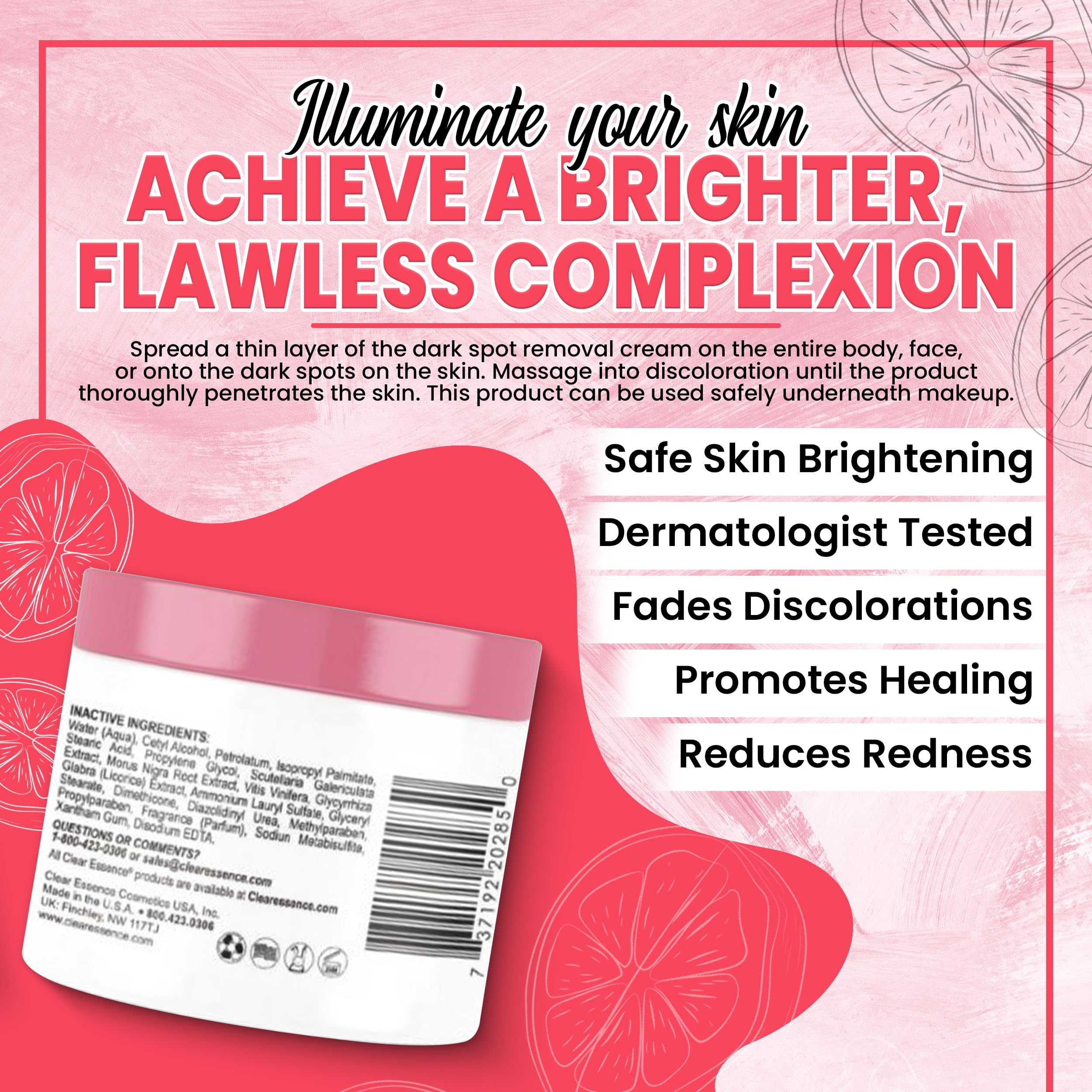 Clear Essence Fade Creme ingredients swirl emphasizing a gentle brightening blend