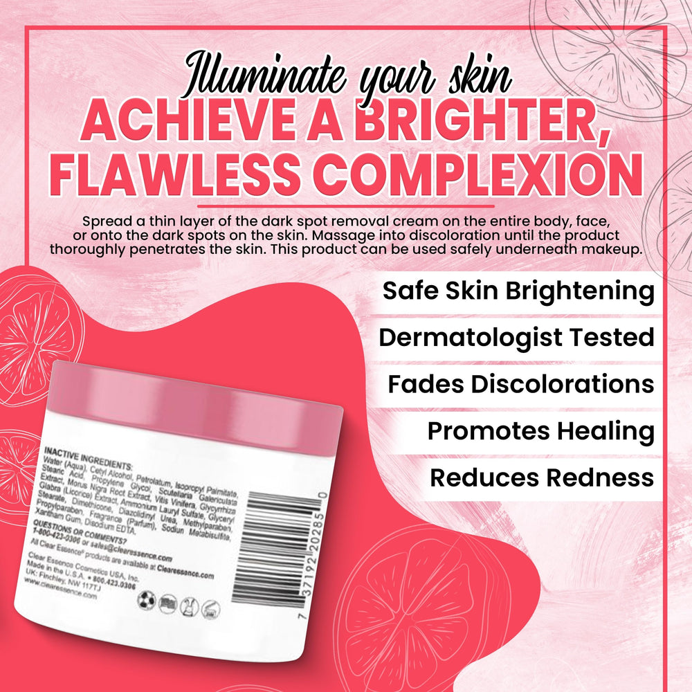 Clear Essence Fade Creme ingredients swirl emphasizing a gentle brightening blend