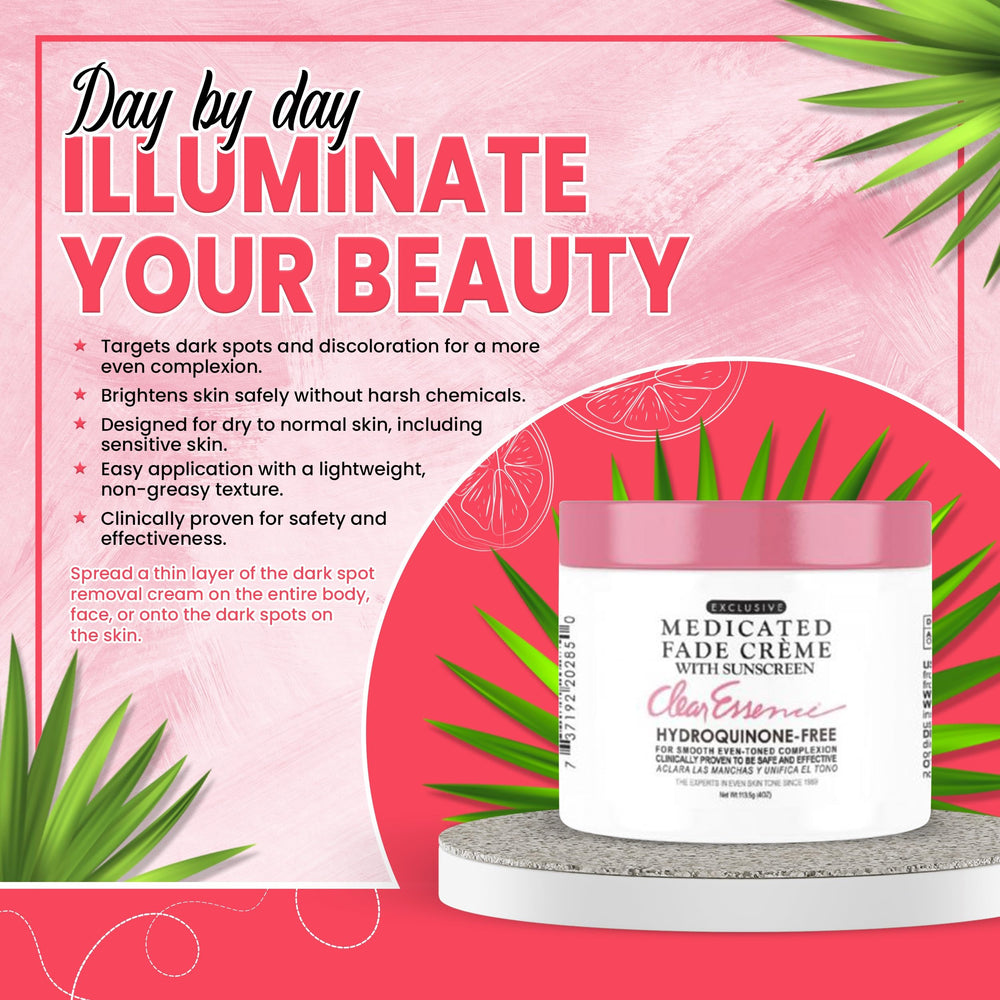 Clear Essence Fade Creme packaging front highlighting daily skincare routine for even tone