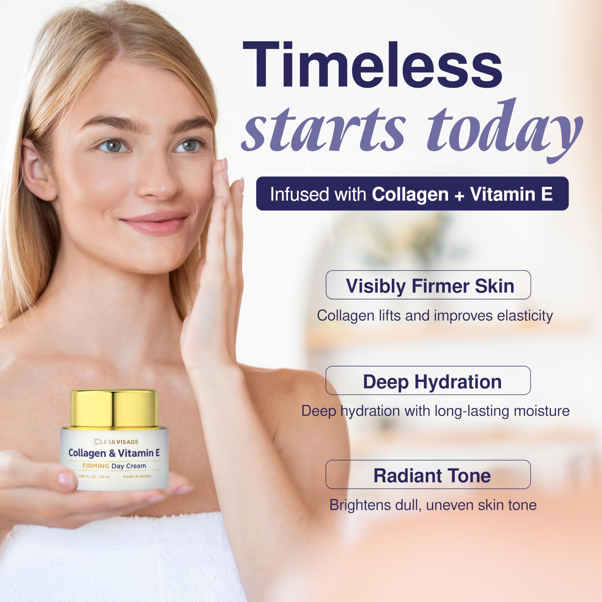 Clear Visage collagen moisturizer application on face demonstrates quick absorption.
