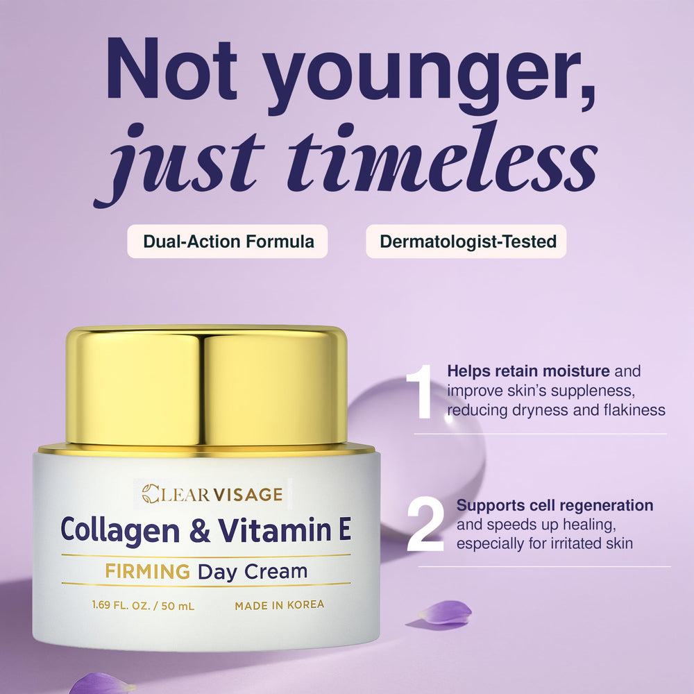 Clear Visage collagen moisturizer texture close-up shows rich, creamy consistency delivering lasting hydration.