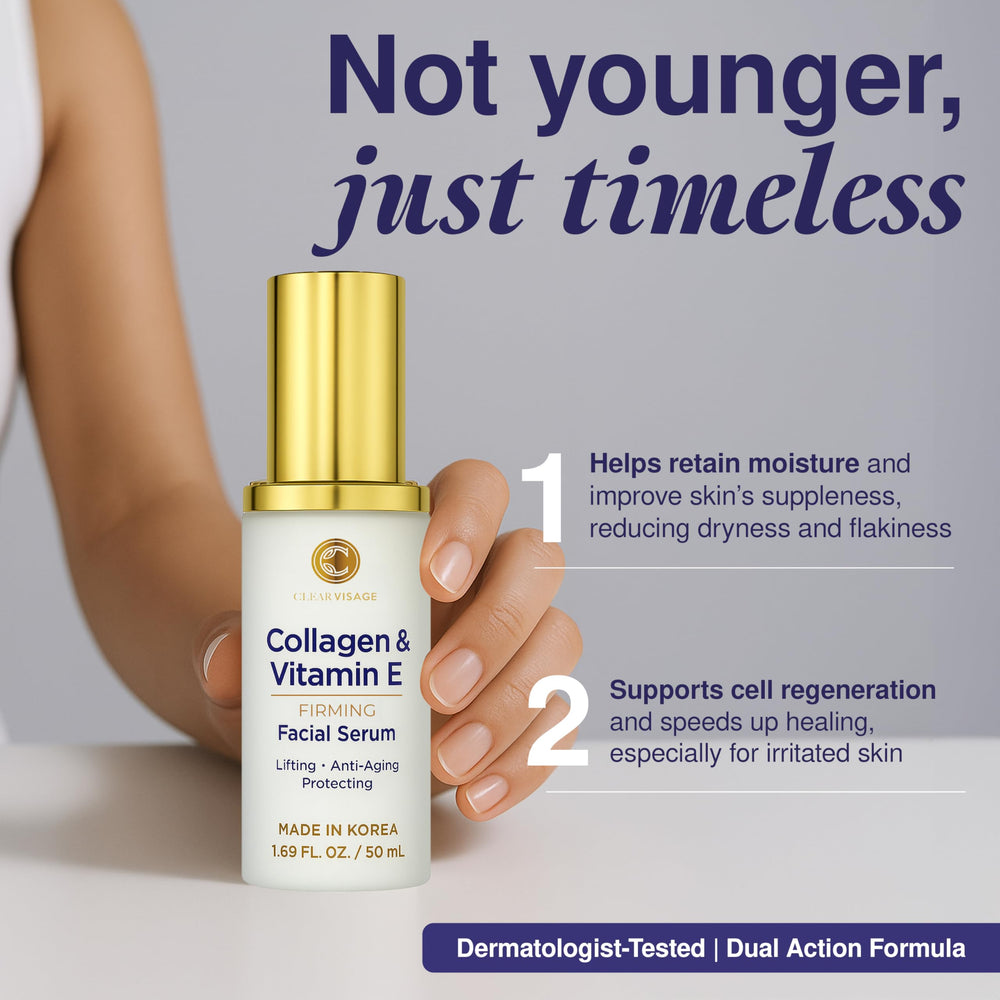 Clear Visage Collagen & Vitamin E Serum dropper closeup emphasizes precise application for smooth skin.