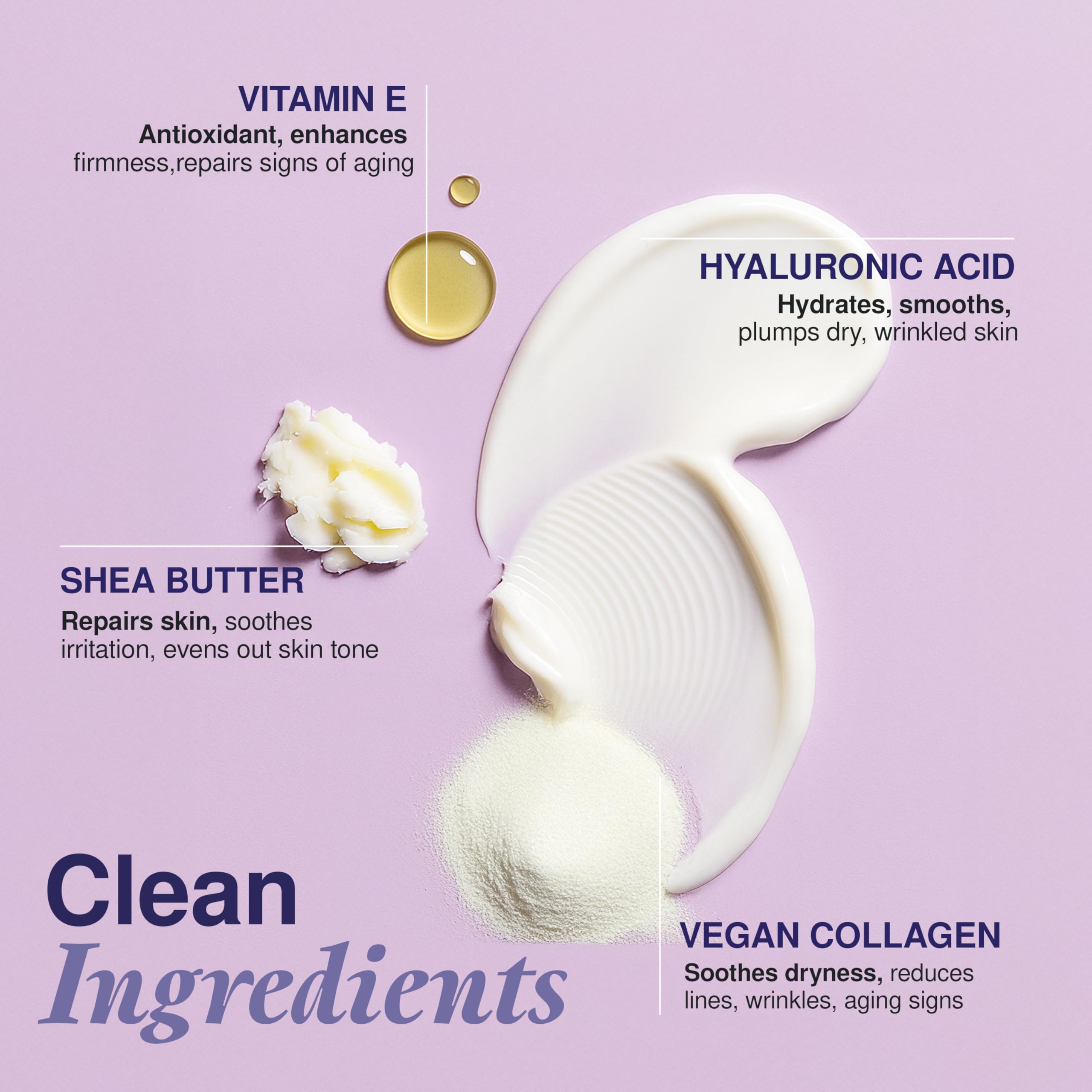 Clear Visage Collagen & Vitamin E Serum ingredients closeup highlights vegan, cruelty-free, clean skincare.