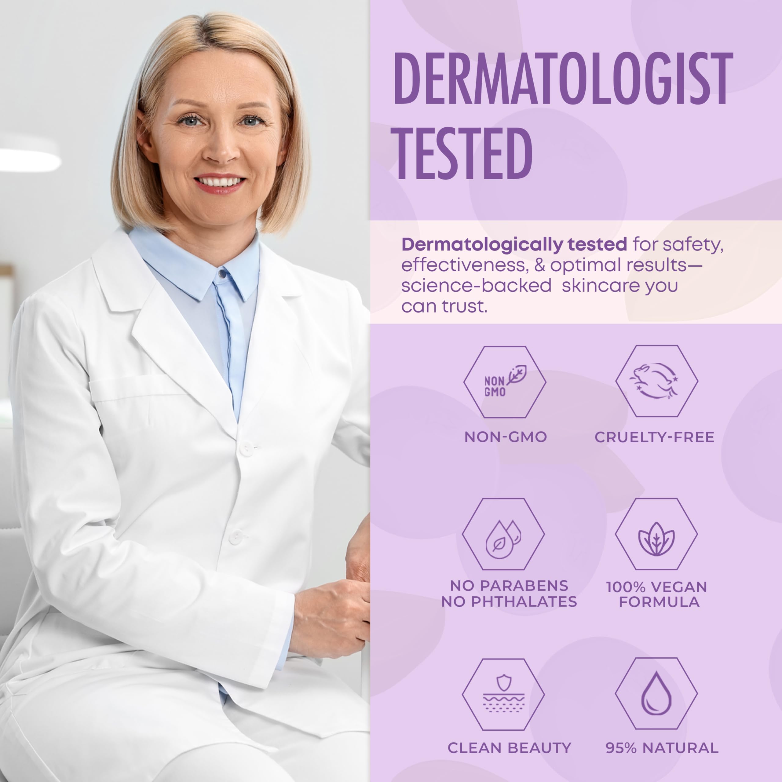 Clear Visage Collagen & Vitamin E Serum label communicates dermatologist-tested, cruelty-free, clean beauty.