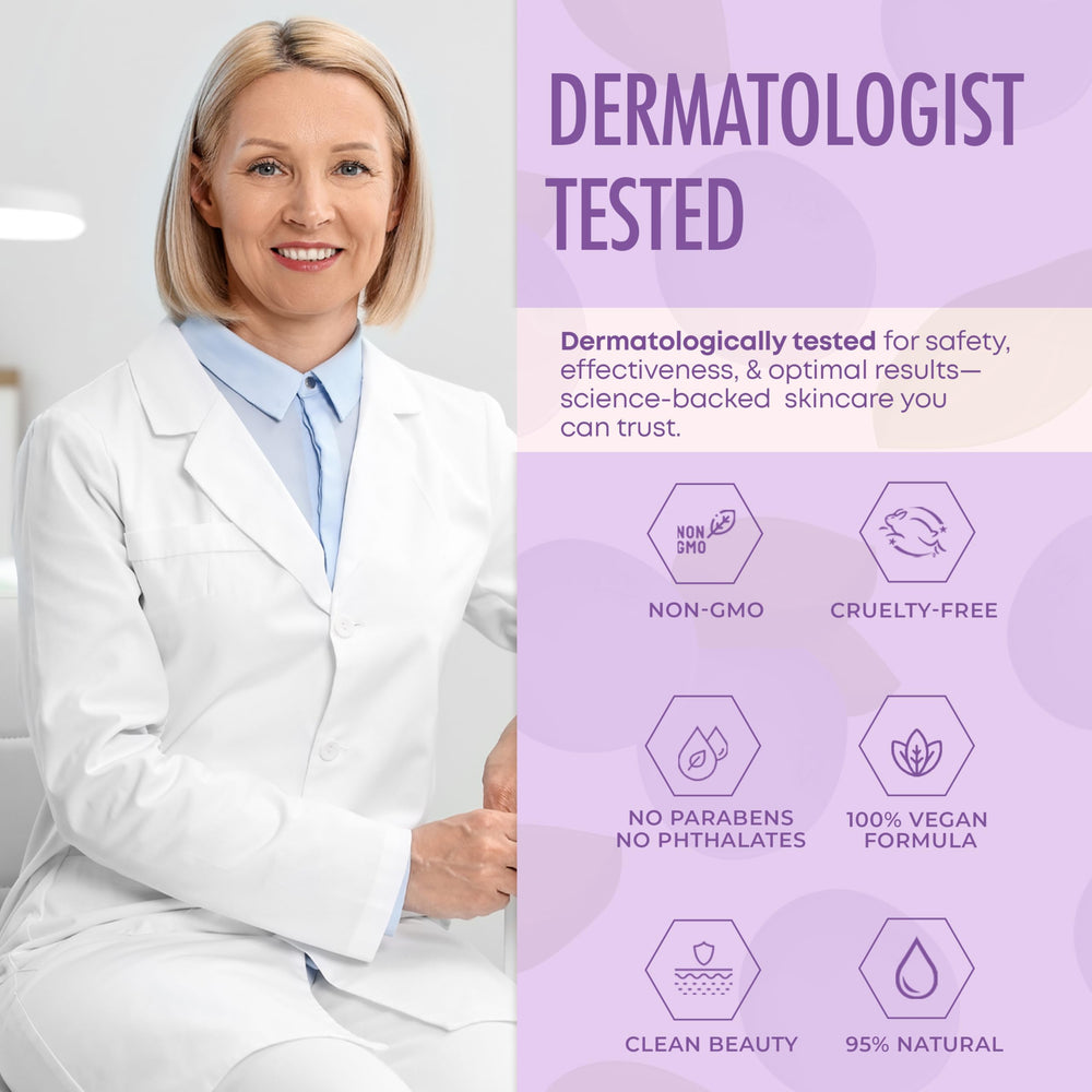 Clear Visage Collagen & Vitamin E Serum label communicates dermatologist-tested, cruelty-free, clean beauty.