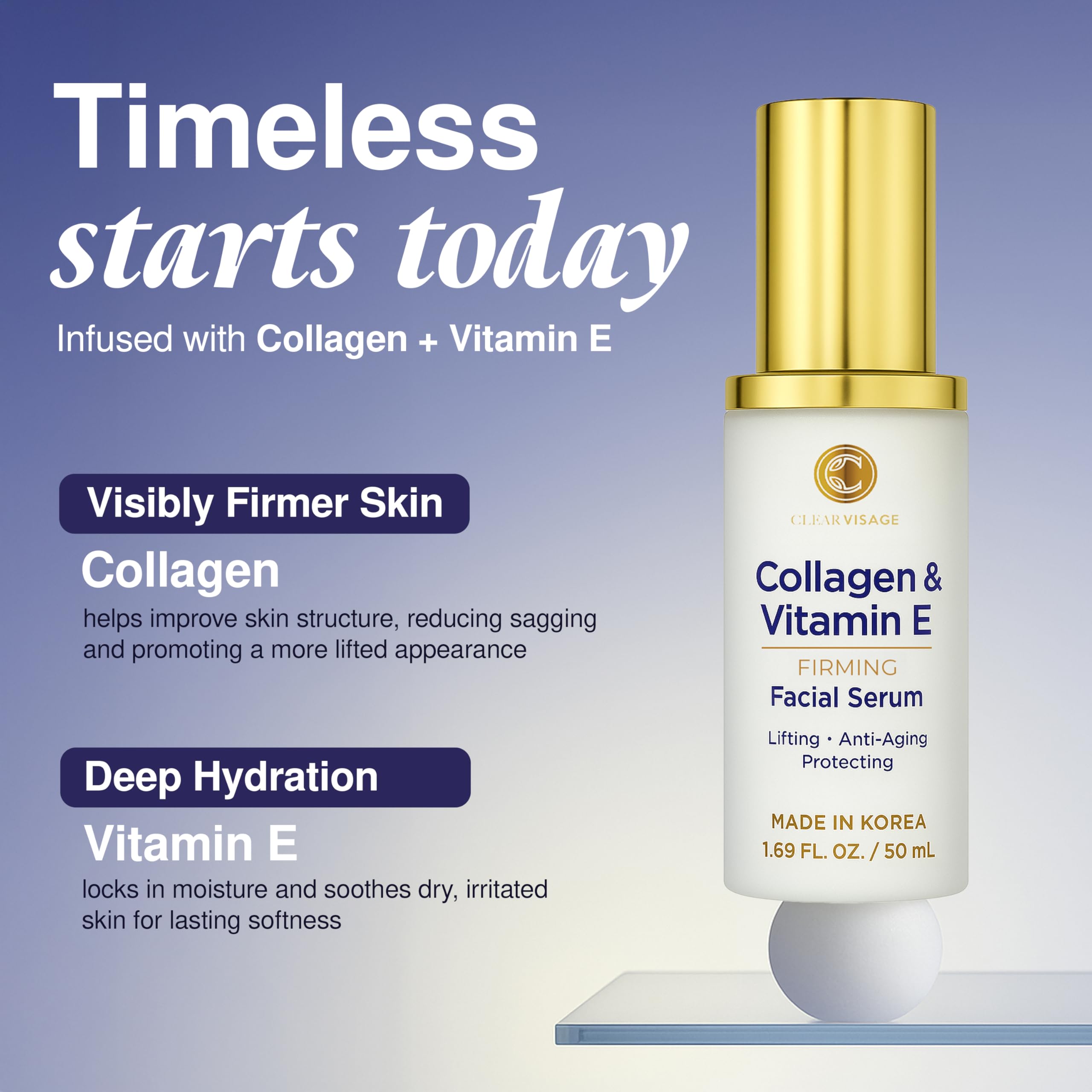 Clear Visage Collagen & Vitamin E Serum packaging on shelf communicates premium Korean skincare.