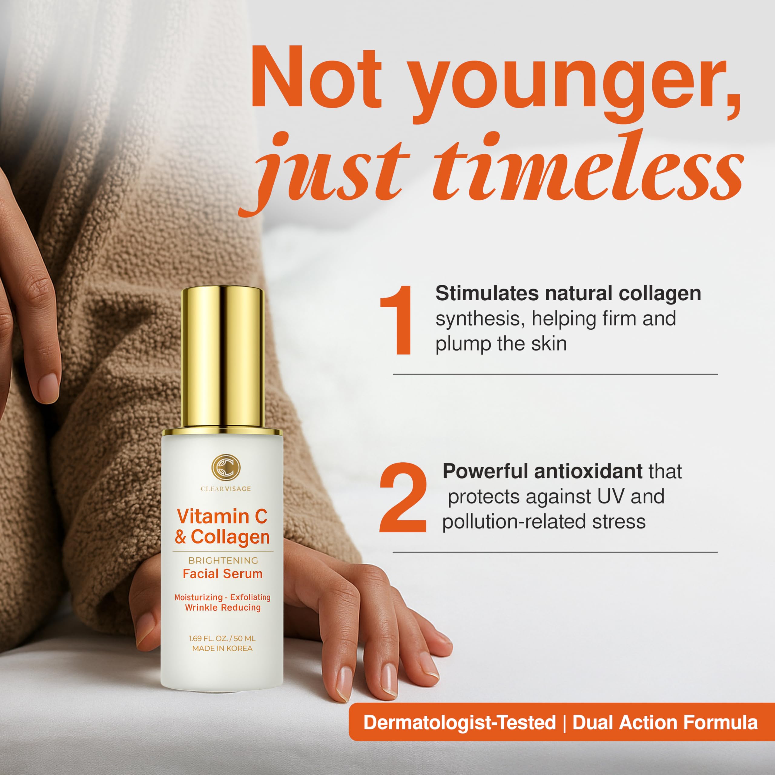Clear Visage vitamin C serum on a clean vanity for brightening routine