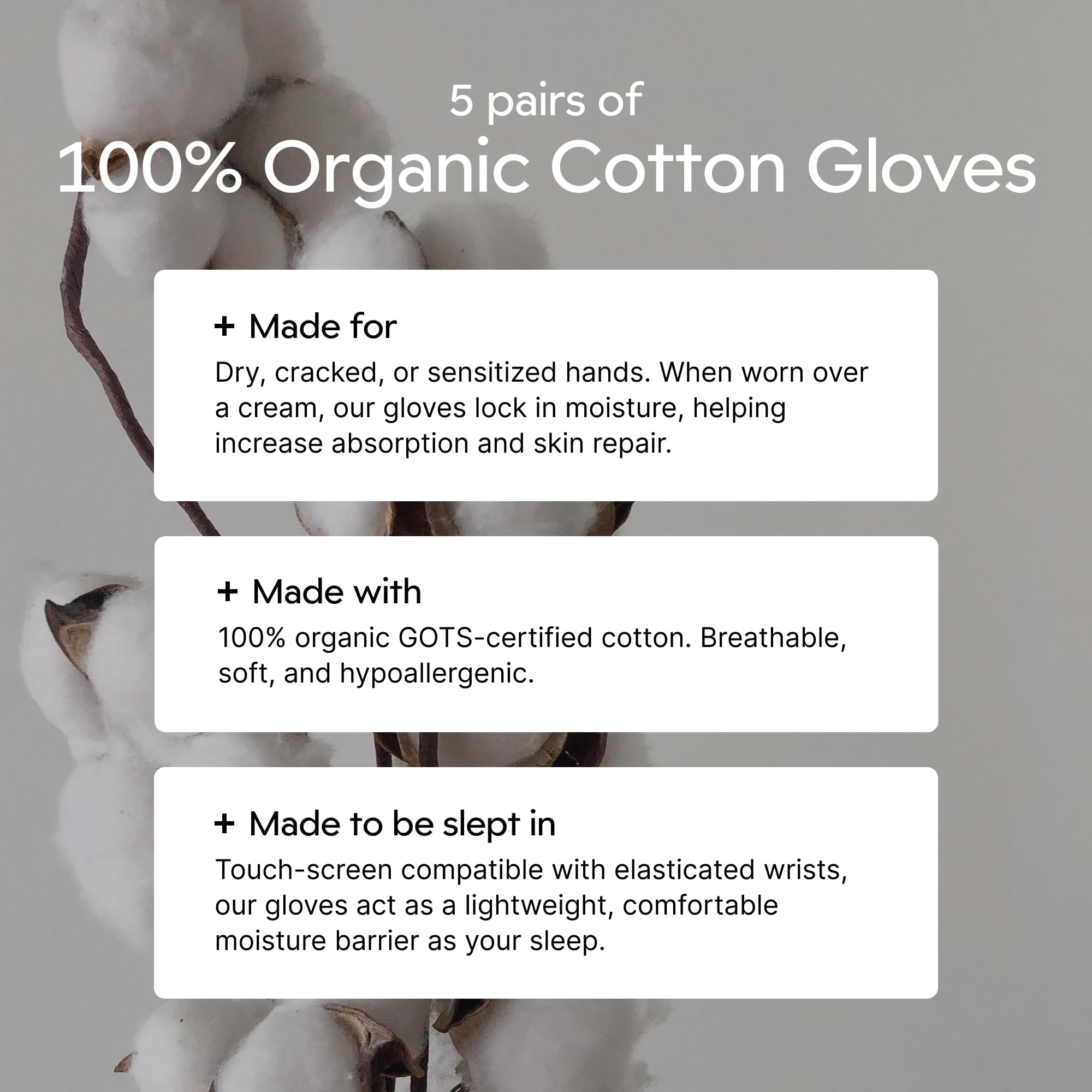 Clearbody Organics cotton gloves worn overnight for moisture retention and overnight care