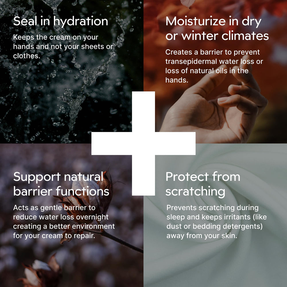 Clearbody Organics gloves nighttime treatment shown with cream for locked-in moisture.