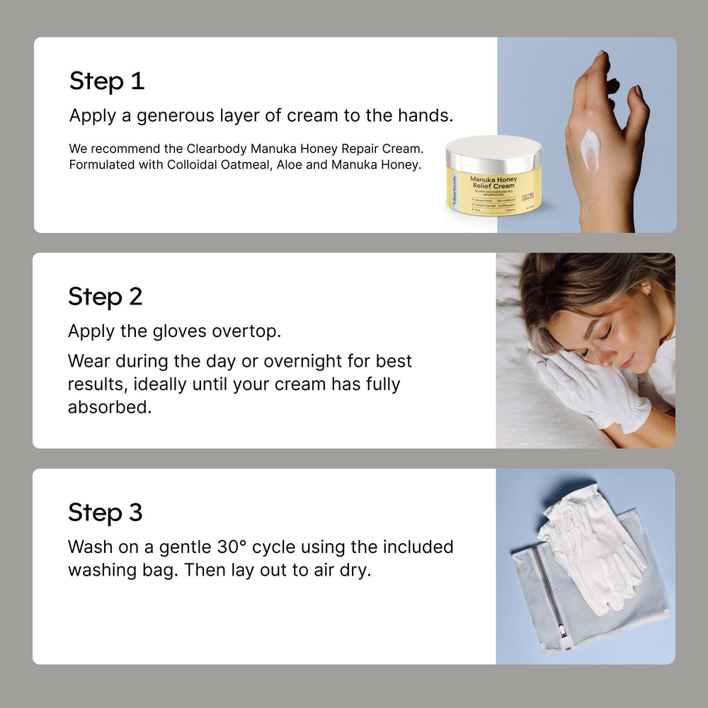 Clearbody Organics gloves displayed beside cream for overnight hydration routine.