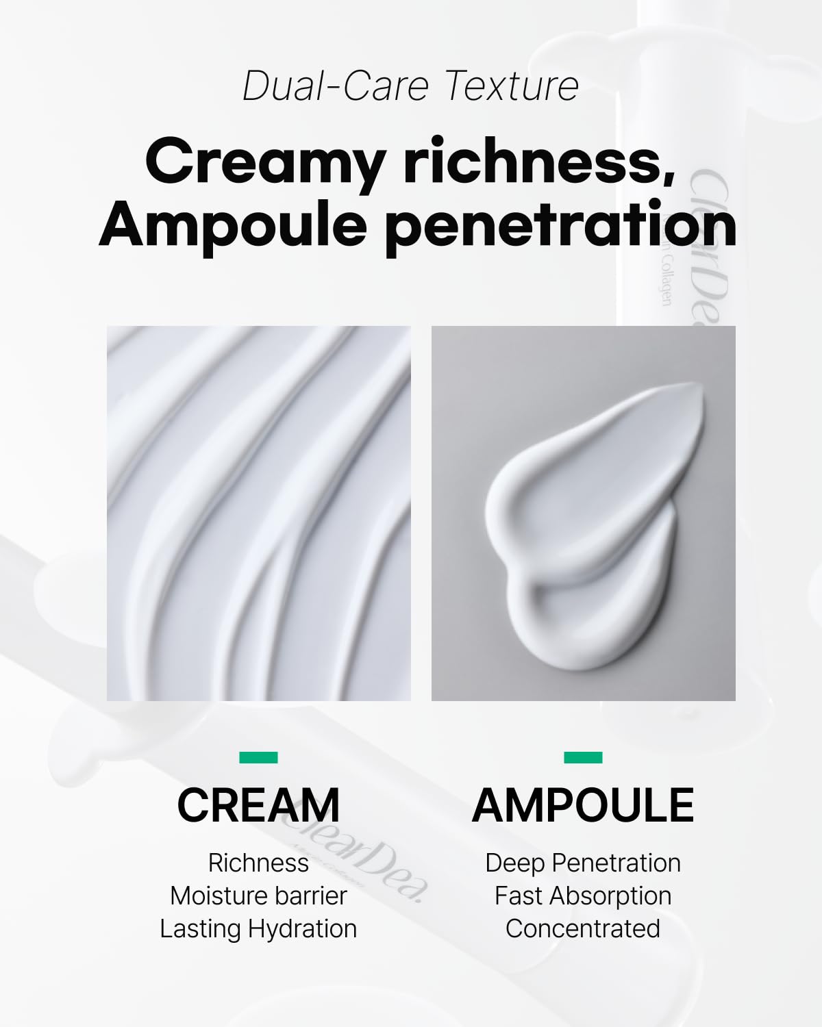 ClearDea Mucin Collagen Ampoule routine steps show simple daily care.