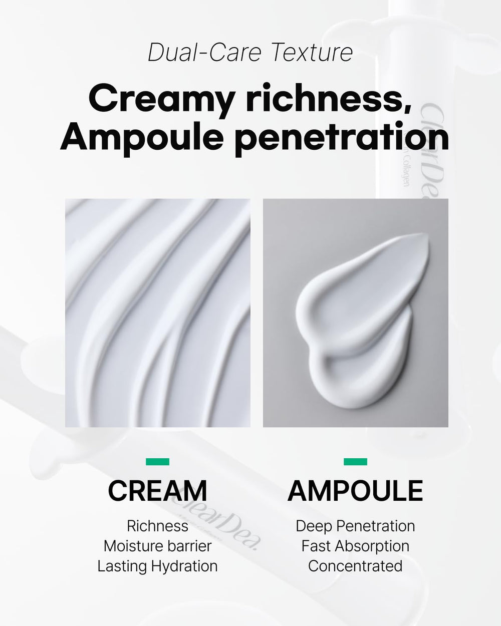 ClearDea Mucin Collagen Ampoule routine steps show simple daily care.