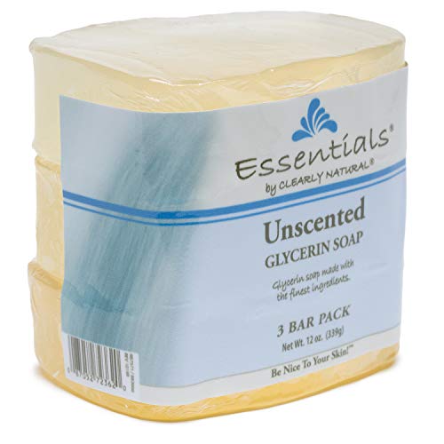 Clearly Natural Essentials glycerin bar soap unscented bath scene shows everyday cleansing for pores-friendly skin