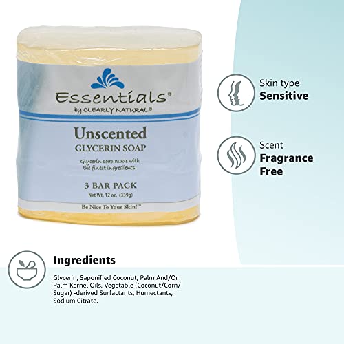 Clearly Natural Essentials glycerin bar soap unscented packaging demonstrates fragrance-free care for sensitive skin