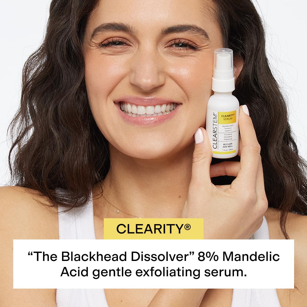 CLEARSTEM CLEARITY serum dropper highlights mandelic acid exfoliation.