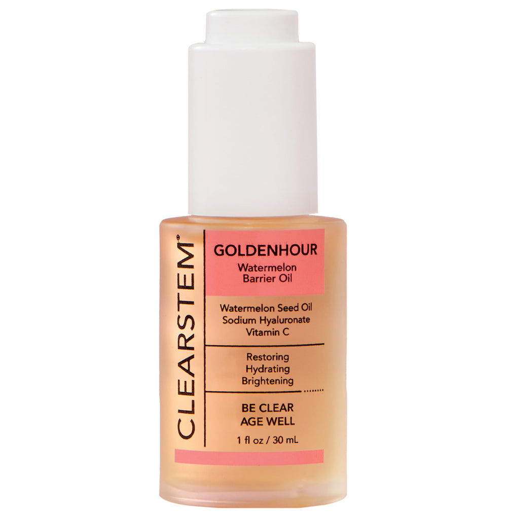 CLEARSTEM GOLDENHOUR bottle closeup shows rich hydration for glowing skin