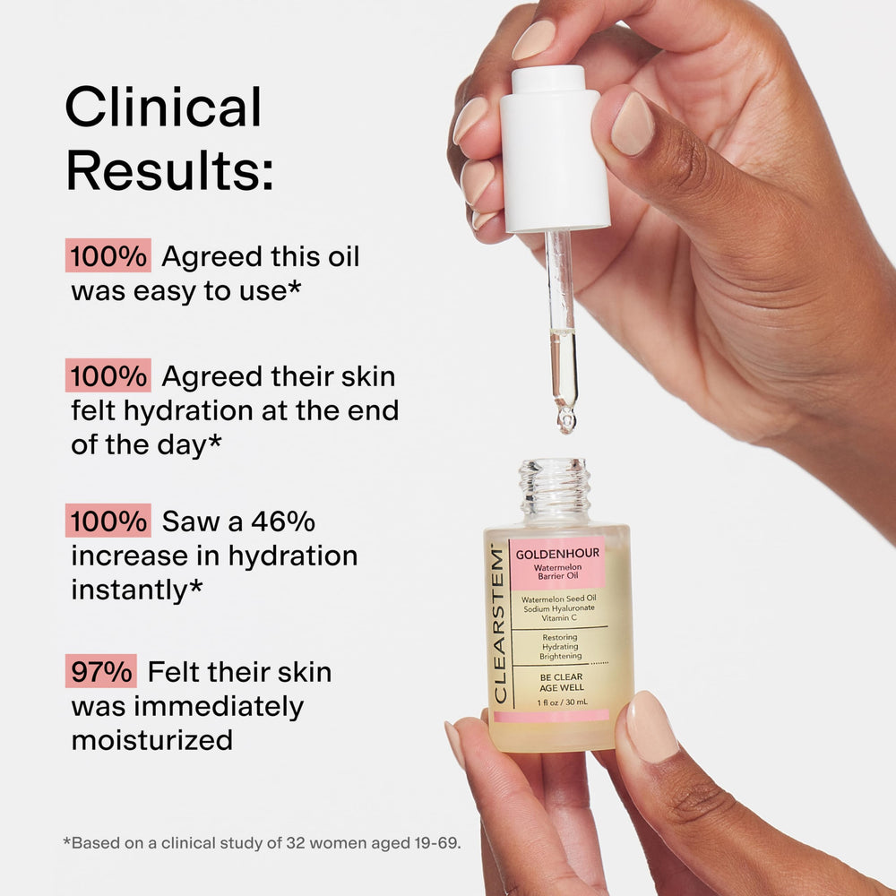 CLEARSTEM GOLDENHOUR application on skin yields silky, non-greasy feel