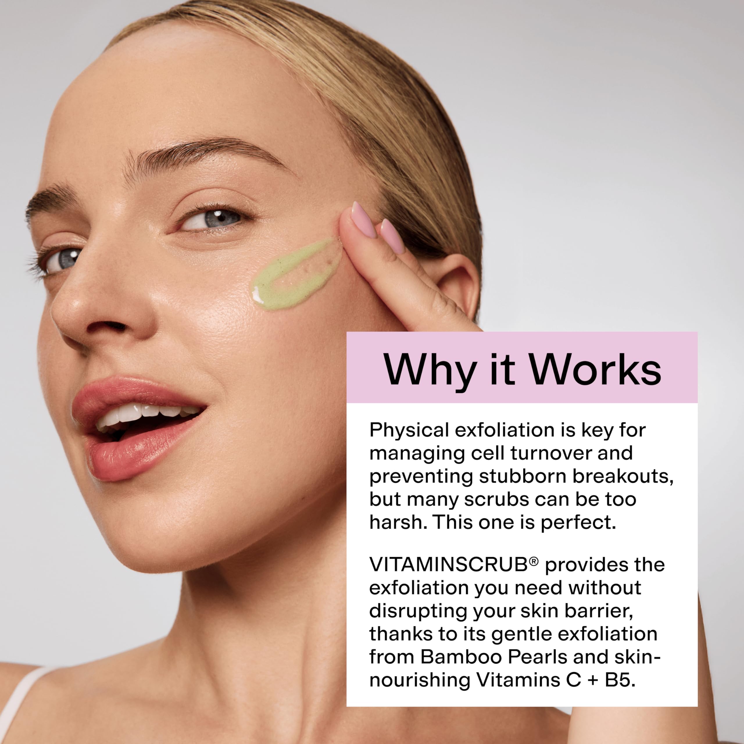 CLEARSTEM VITAMINSCRUB green tea calming notes for redness reduction during routine.