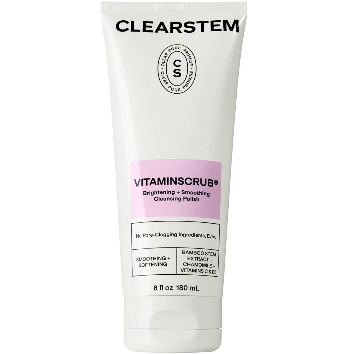 CLEARSTEM VITAMINSCRUB jar closeup highlighting brightening formula for smoother skin.