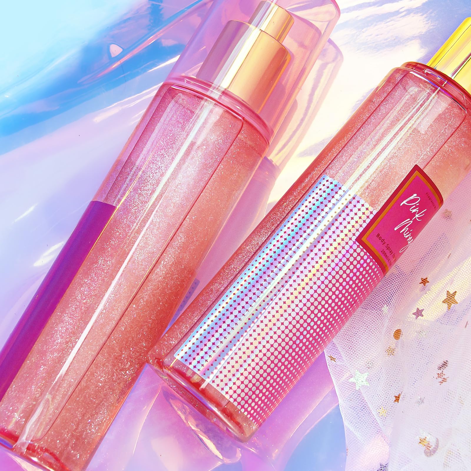 CLESH Shimmer Pink Mirage bottle spray closeup highlighting long-lasting scent
