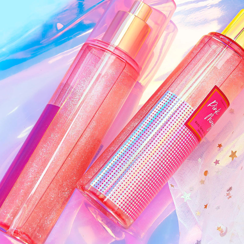 CLESH Shimmer Pink Mirage bottle spray closeup highlighting long-lasting scent