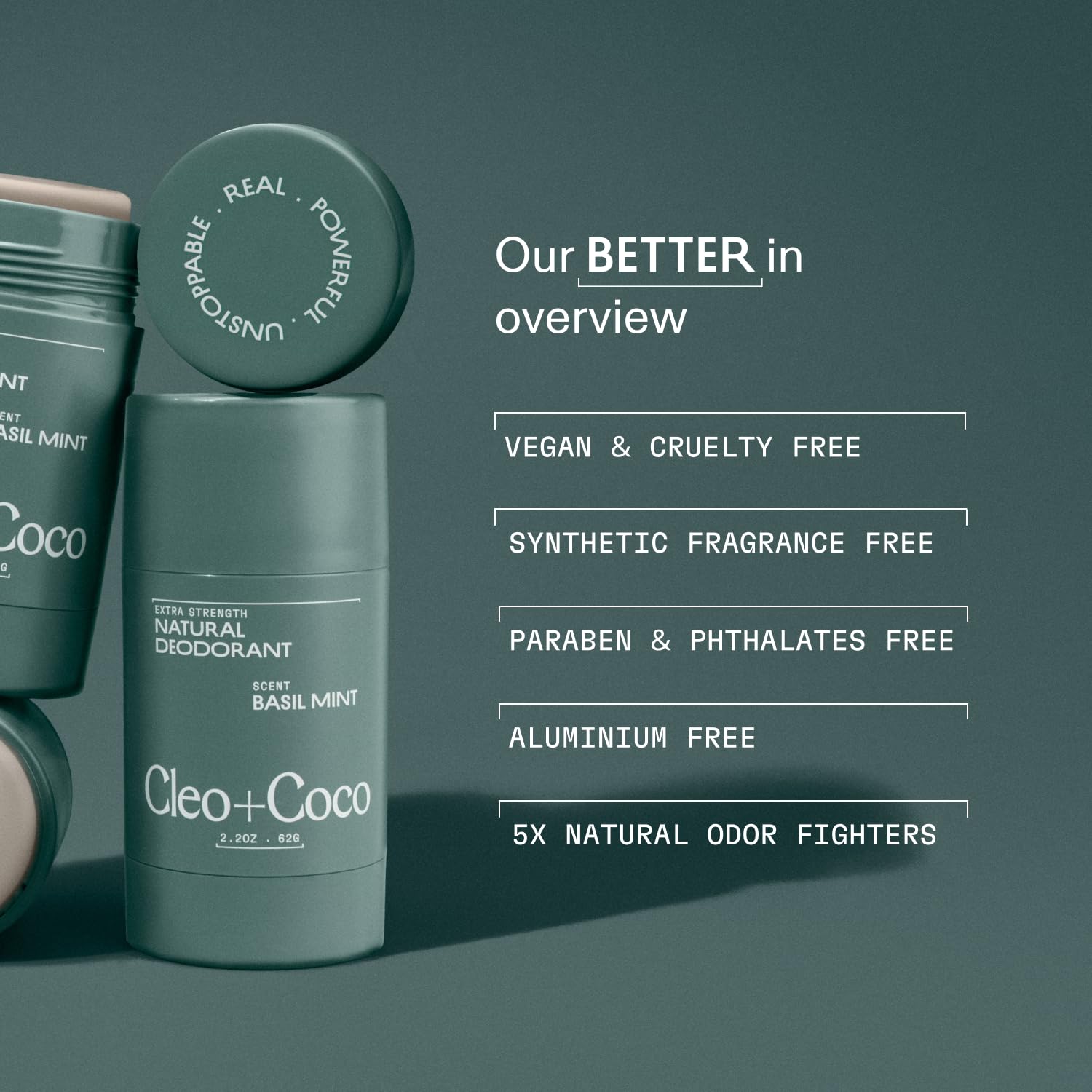 Cleo+Coco aluminum-free vegan cruelty-free badge signals clean formula.