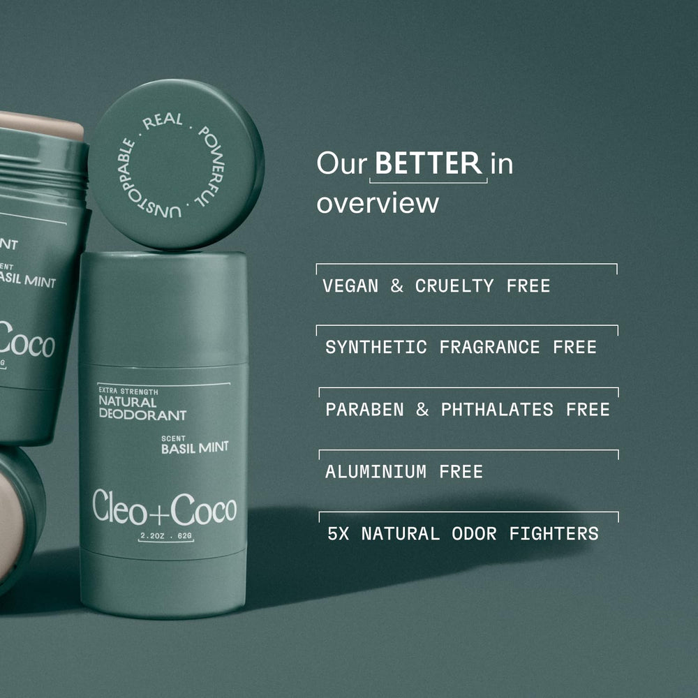 Cleo+Coco aluminum-free vegan cruelty-free badge signals clean formula.