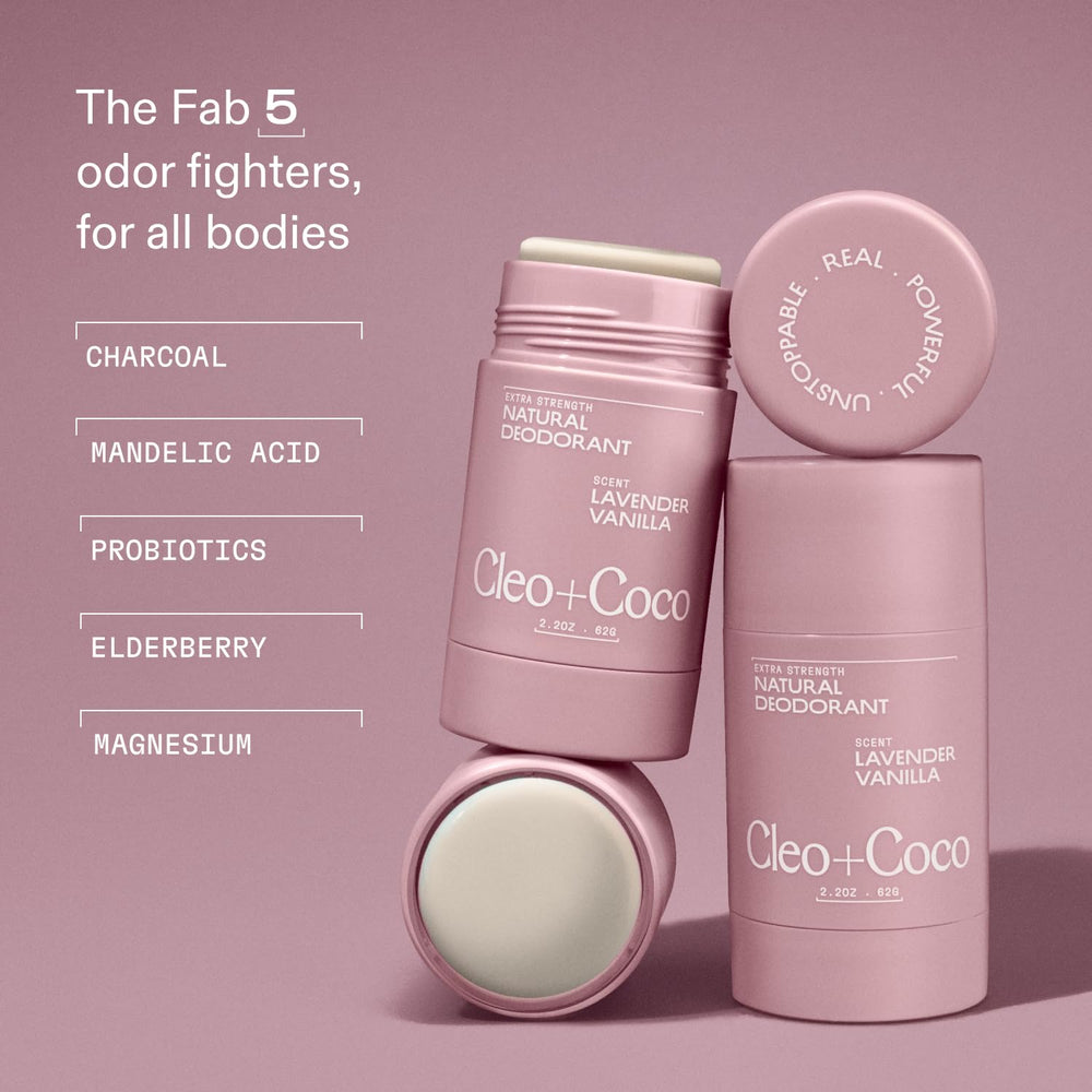 Cleo + Coco lavender vanilla packaging closeup highlights vegan, aluminum-free formula